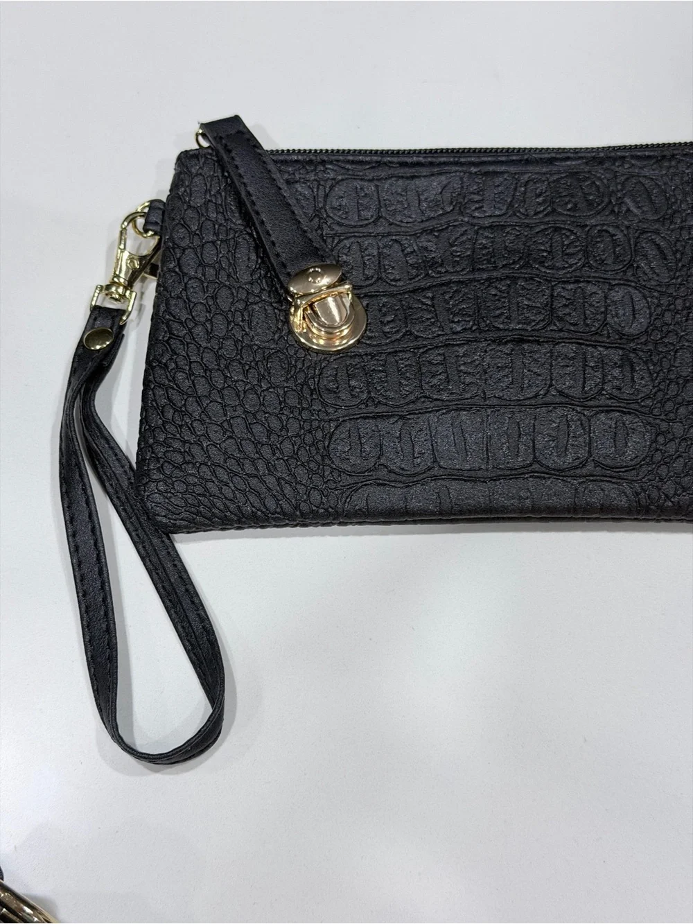 Structured Croc-Embossed Faux Leather Black Tote Bag with Gold Hardware - Picture 6 of 13